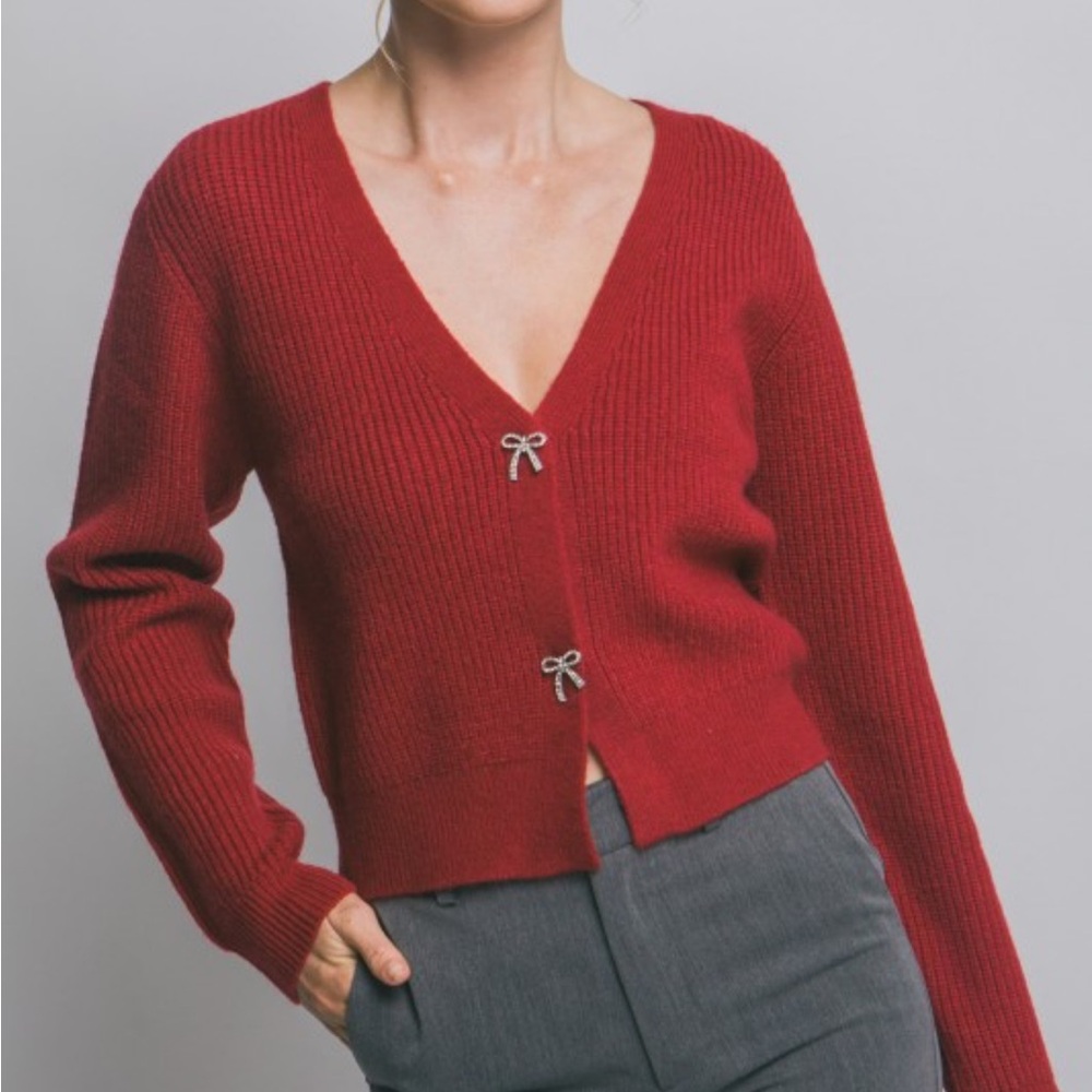 Red Knit Cardigan Sweater with Rhinestone Bow Accents